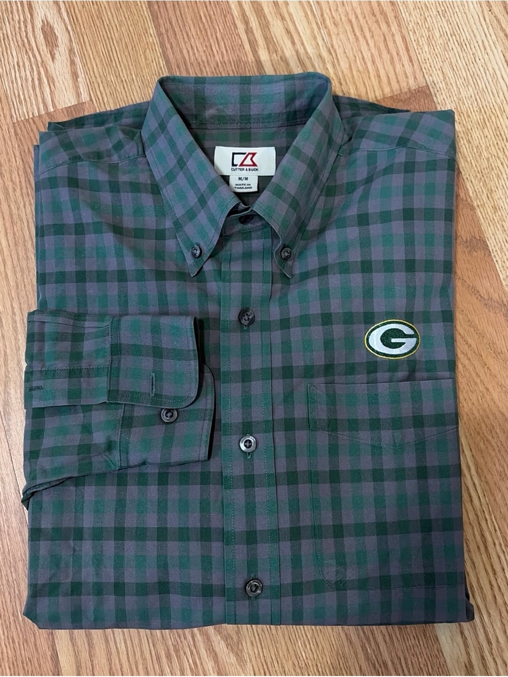 Cutter & Buck Dark Green and Black Plaid Button-Down Shirt with Team Patch